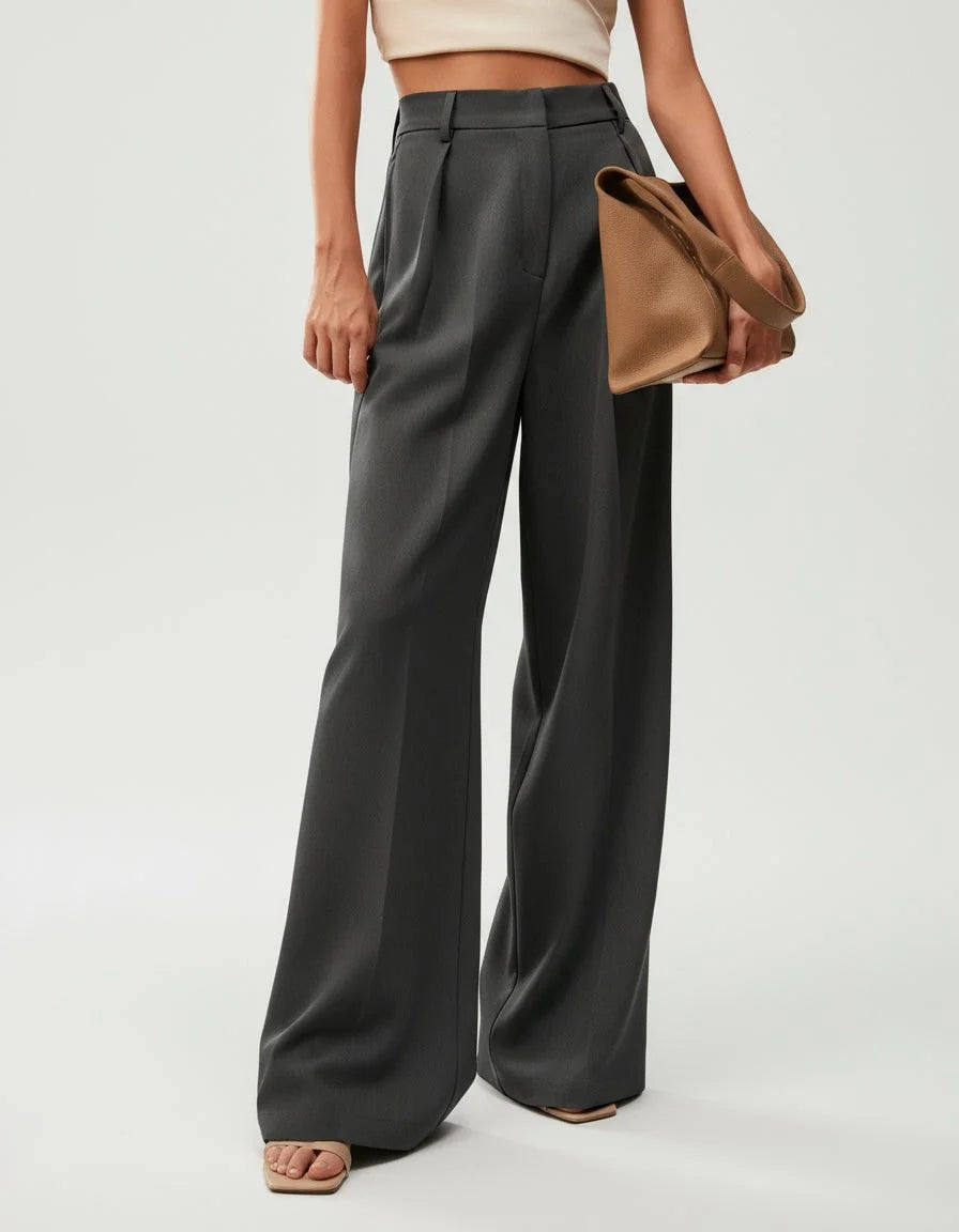 High waist wide leg trousers for women in camel featuring sharp creases and structured woven fabric