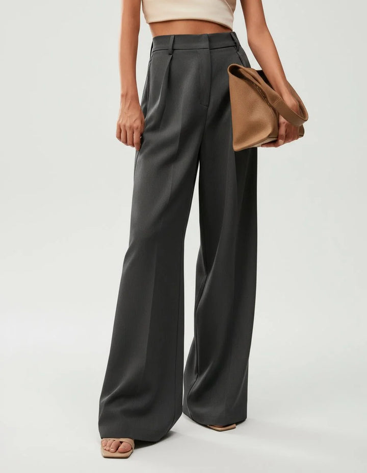 High waist wide leg trousers for women in camel featuring sharp creases and structured woven fabric