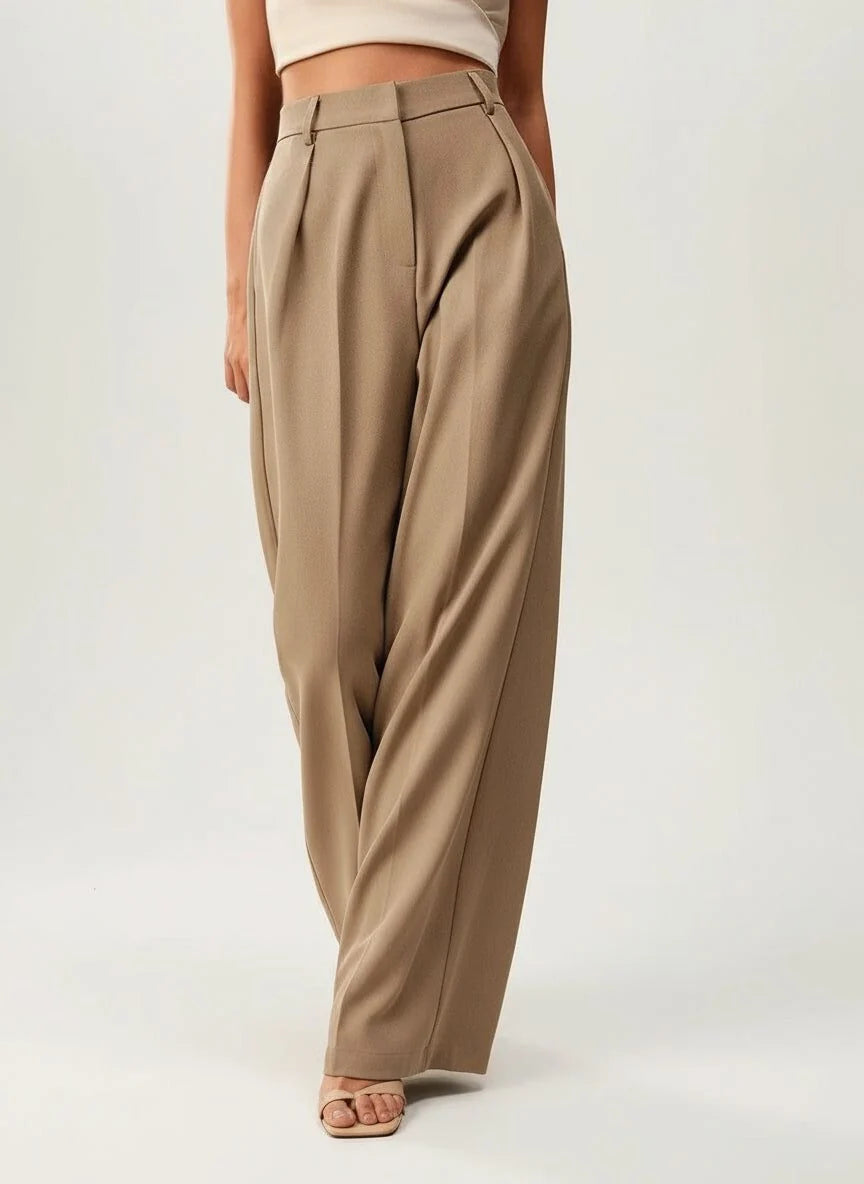 Women's high waist wide leg trousers in camel with tailored silhouette and smooth fabric finish