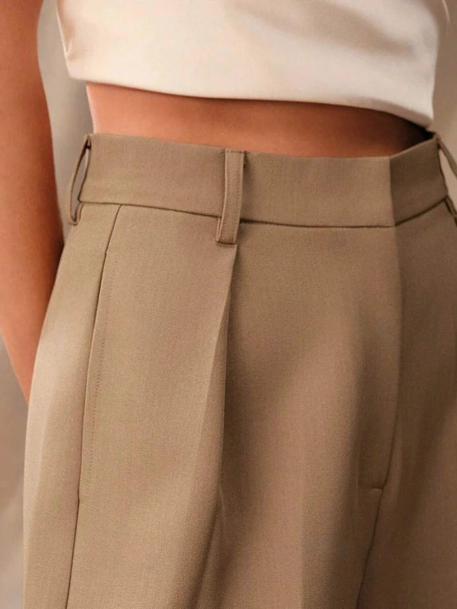 Camel tailored wide leg trousers featuring high waistband and clean lines for women's smart casual wear