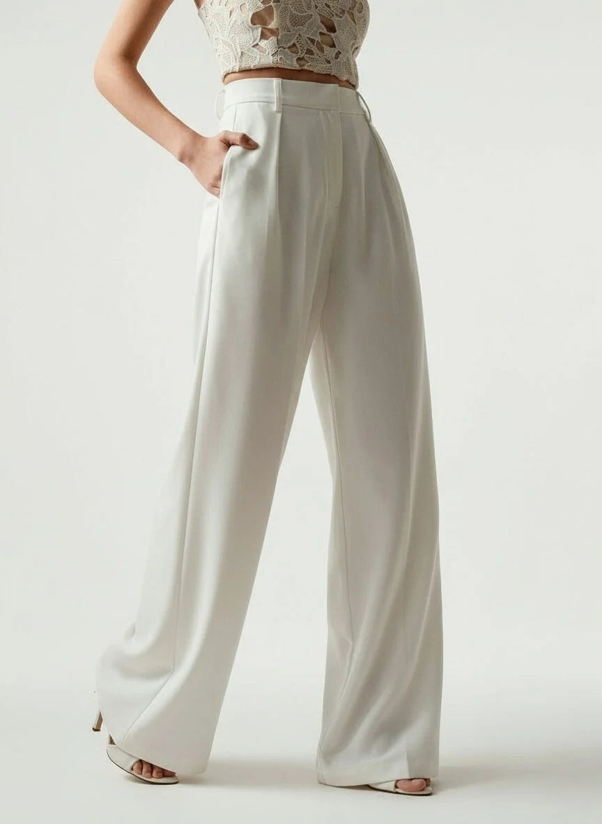 Camel wide leg trousers with high waist and tailored finish for women's office and evening wear
