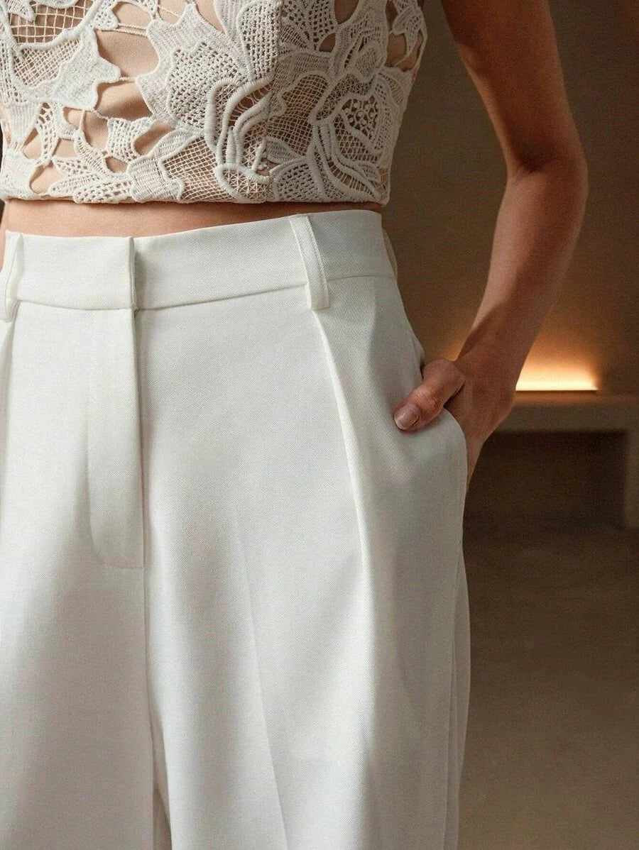 High waist wide leg trousers for women in camel with relaxed fit and structured woven fabric