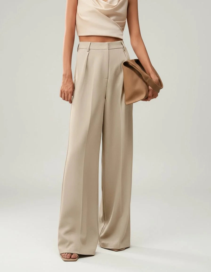 Women's tailored wide leg trousers in camel featuring high waistband and straight drape