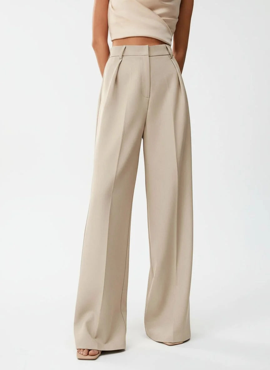 High waist wide leg trousers in camel with structured fabric and sharp front creases for women