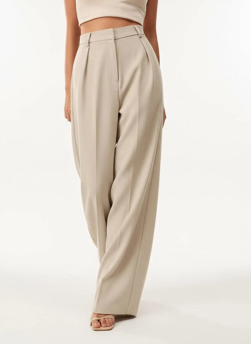 Women's high waist wide leg trousers in camel with clean vertical lines and tailored finish