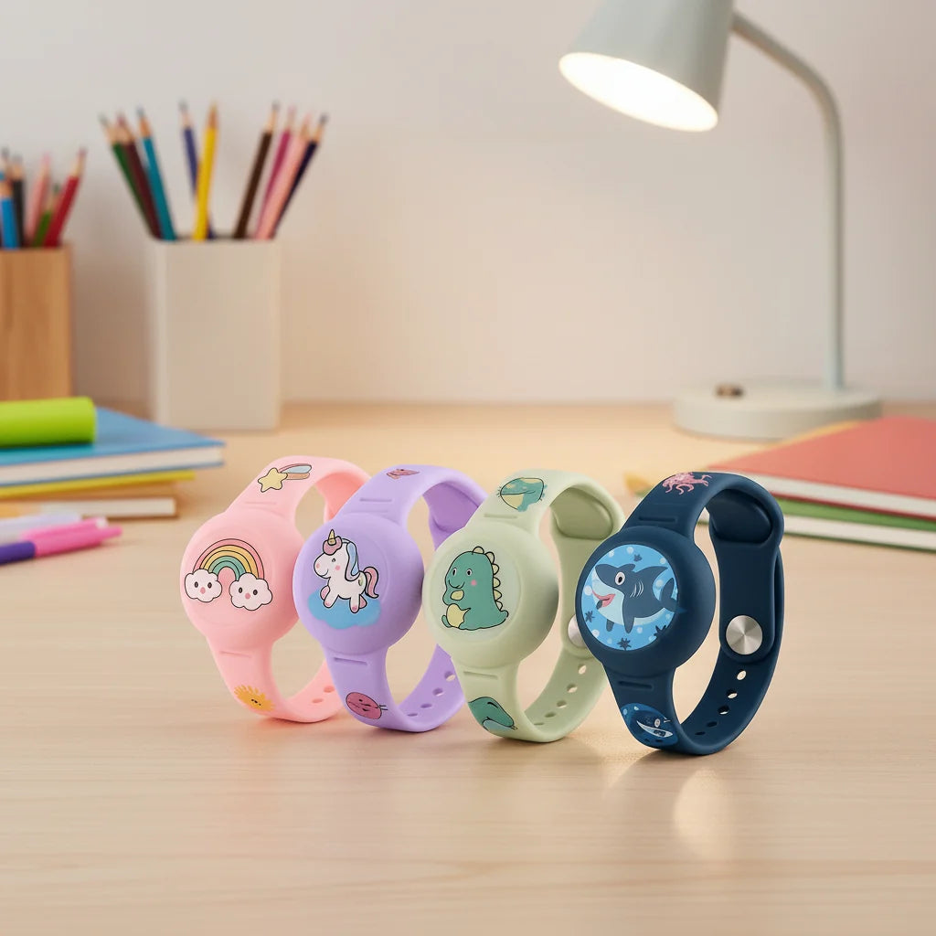 Children's GPS tracking wristband in pink, purple, green, and navy with character designs on a desk