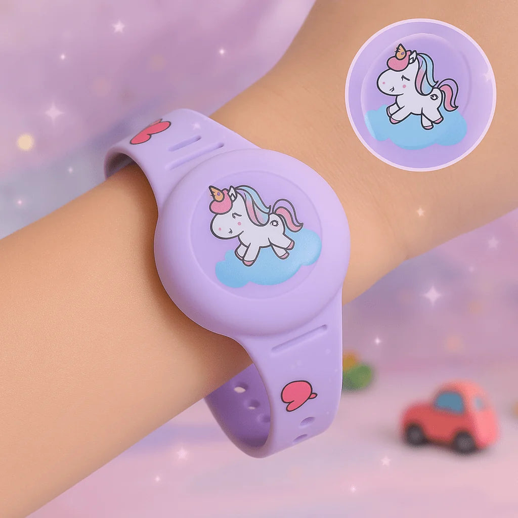 Close-up of children's GPS wristband showing rainbow and unicorn character details on adjustable strap