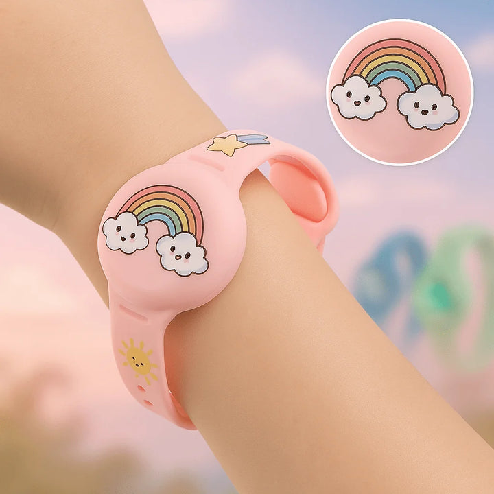 Side view of children's GPS tracking wristband displaying flexible strap and rounded face design
