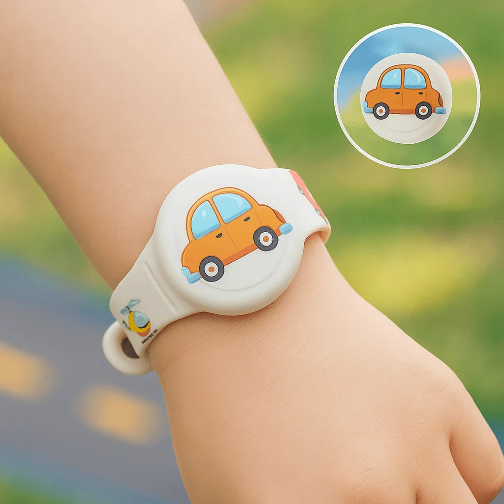 Children's GPS wristband collection showing dinosaur and shark character motifs in multiple colours