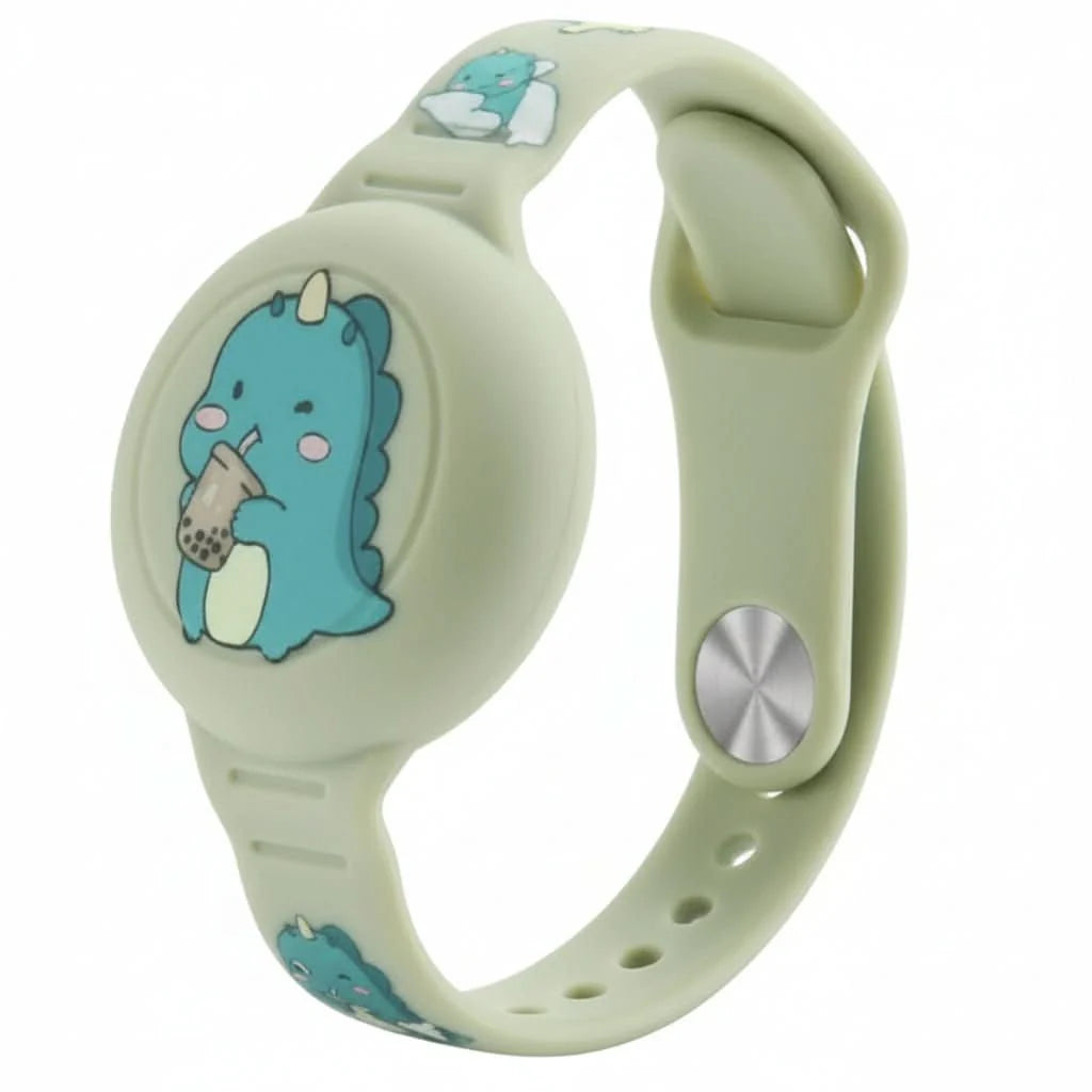 Children's GPS tracking wristband displayed on desk showing comfortable fit and child-friendly styling