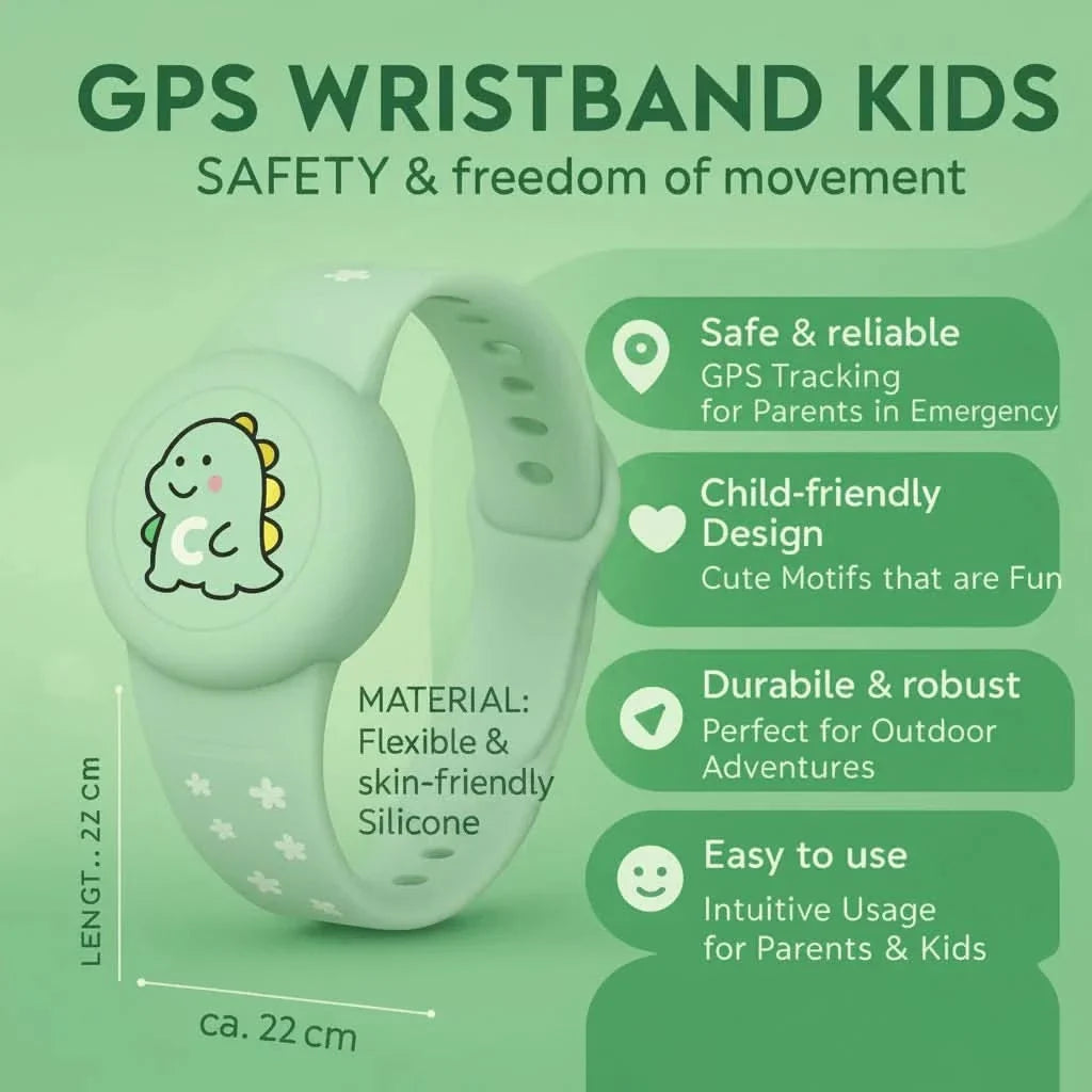 Array of children's GPS wristbands in pink, purple, green, and navy demonstrating colour options