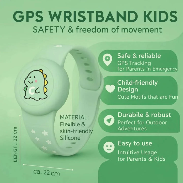 Array of children's GPS wristbands in pink, purple, green, and navy demonstrating colour options