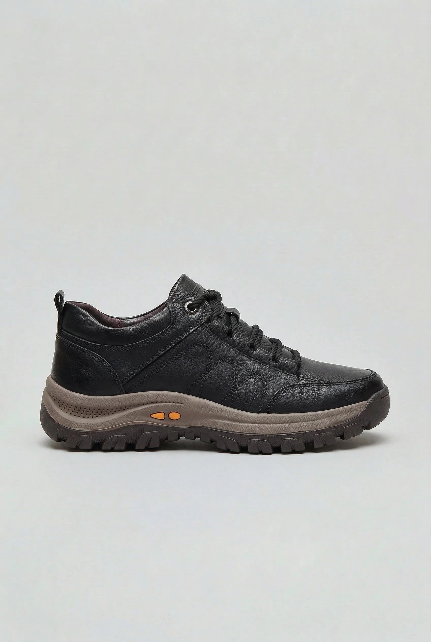 Men's cushioned walking shoes in black with chunky outsole and lace-up closure on neutral background