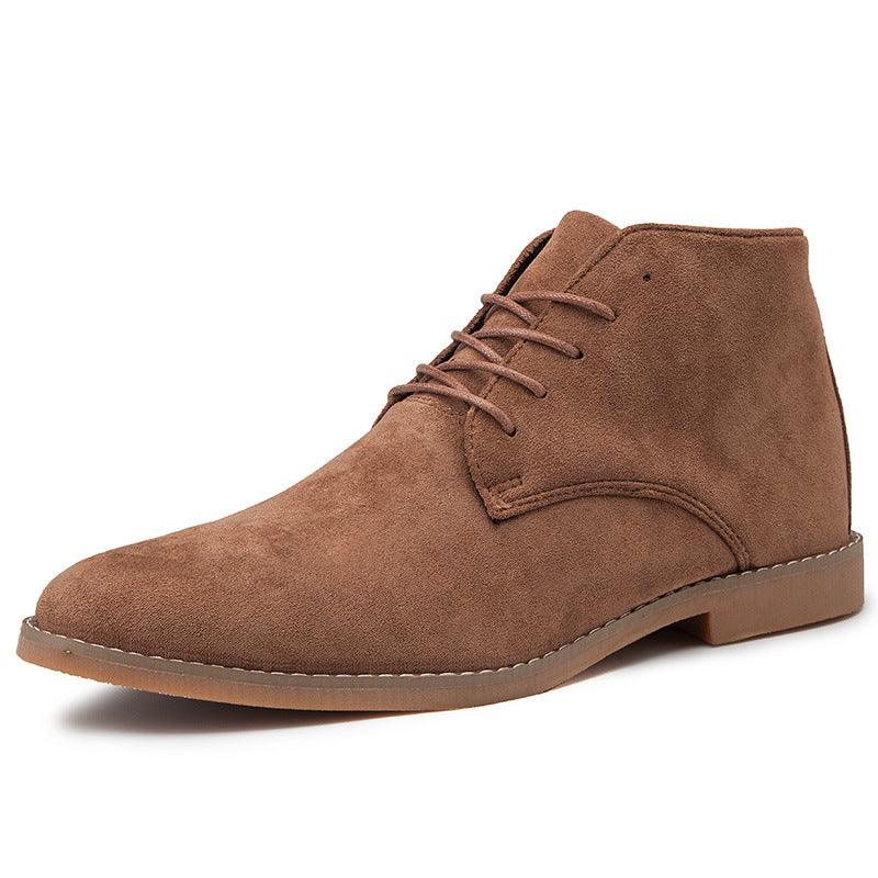 Men's lace-up ankle boots displayed from rear angle showing low block heel