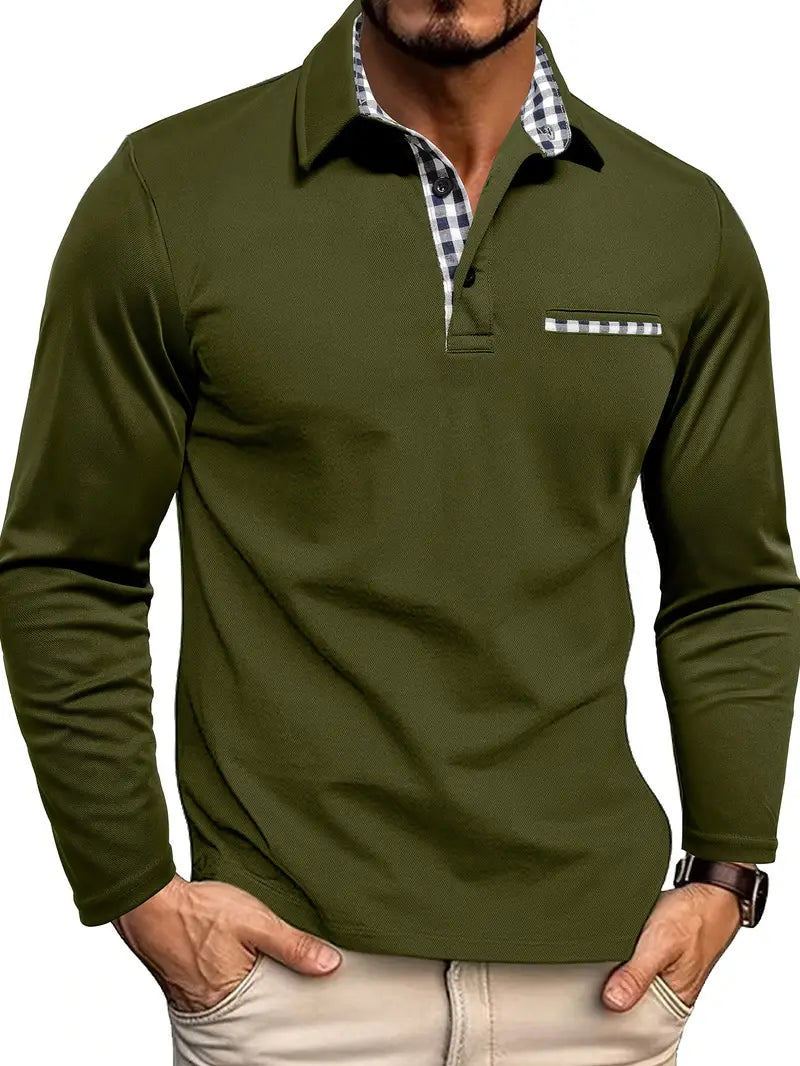 Side view of men's long sleeve polo shirt with relaxed tailored fit