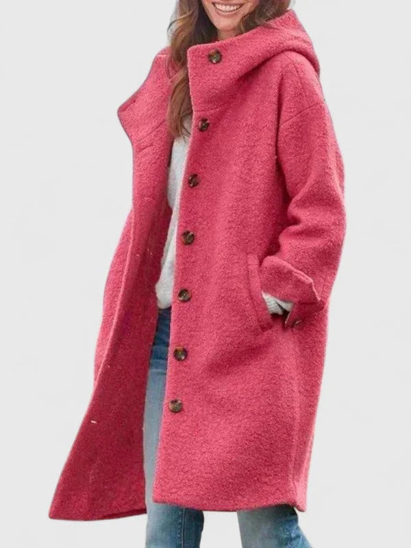 Women's hooded bouclé coat in pink with button-front closure and relaxed fit silhouette