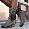 Women's lace-up ankle boots in grey with studded collar and block heel on pavement
