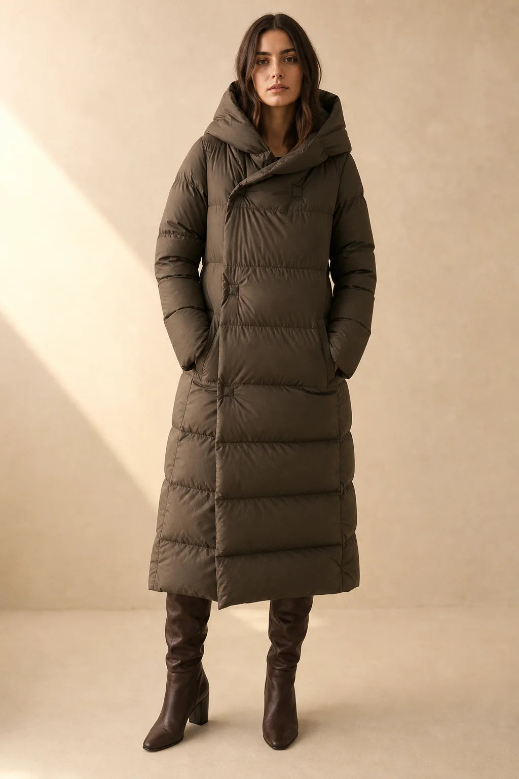 Women's long puffer parka in khaki with structured hood and full-length quilted design for winter warmth