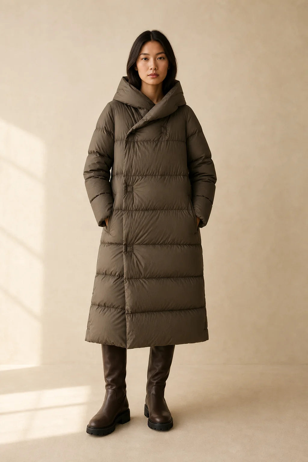 Front view of women's long puffer parka showing oversized fit and concealed closure with side pockets