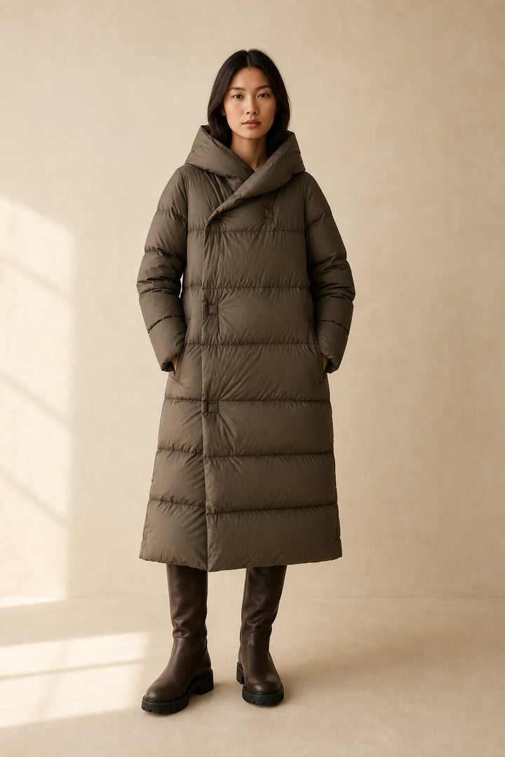 Front view of women's long puffer parka showing oversized fit and concealed closure with side pockets