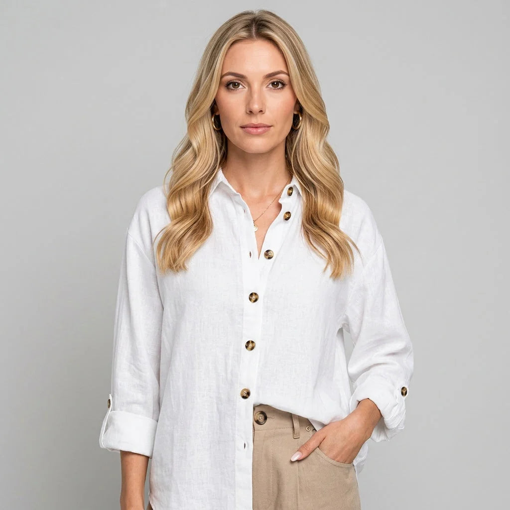 Close-up view of black relaxed linen shirt showing button-through front and natural textured fabric finish