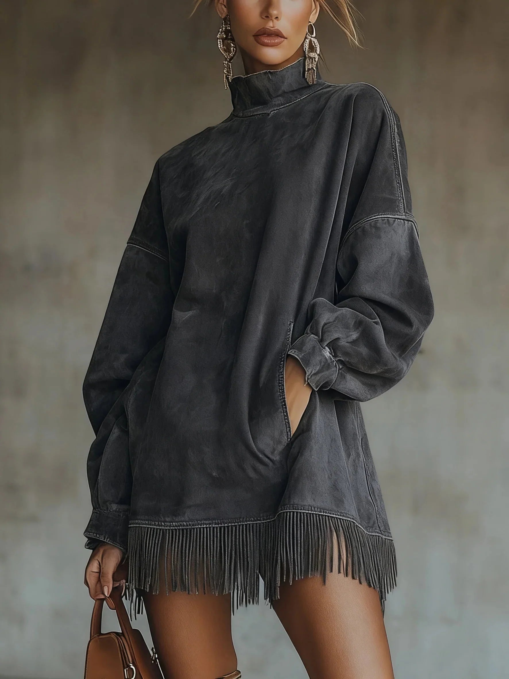 Side view of oversized sweatshirt with dropped shoulders and wide sleeves with fringe trim
