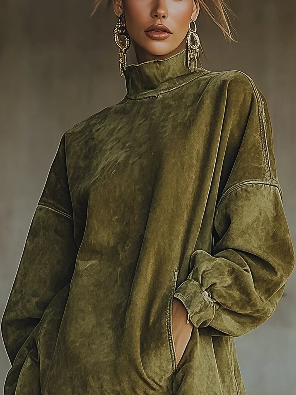 Detail of fringe hem on women's turtleneck sweatshirt showing movement and bohemian styling
