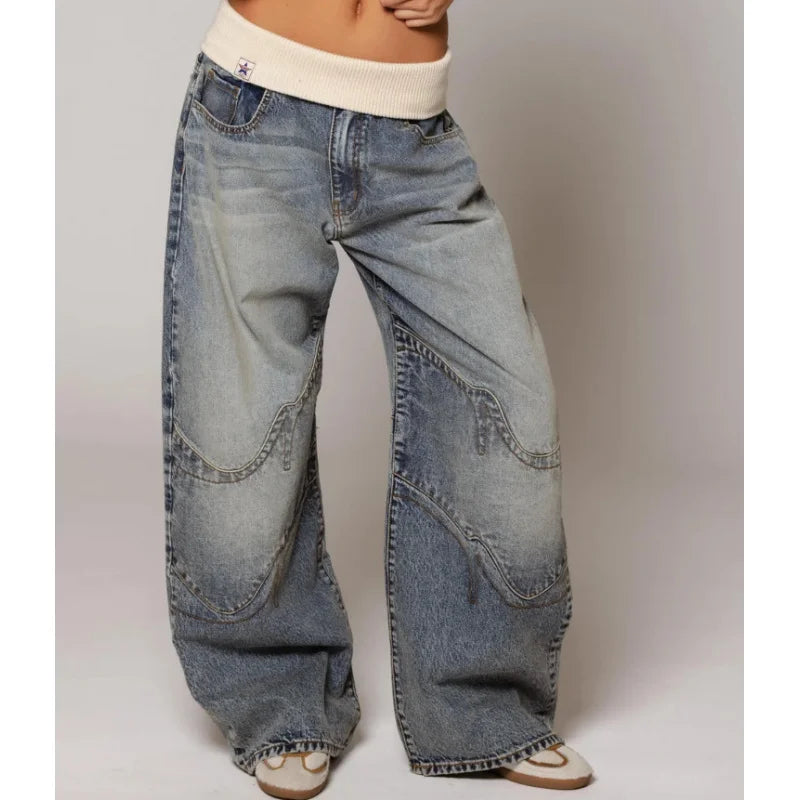 Women's wide leg baggy jeans in vintage light wash with relaxed mid-rise fit and structured denim fabric