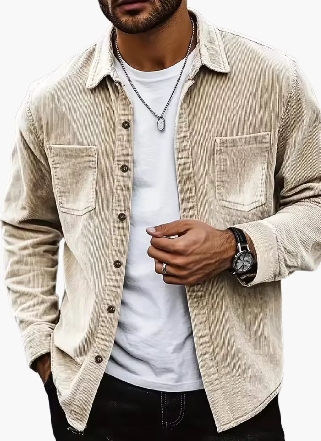 Side view of men's blue corduroy shirt jacket with long sleeves and structured silhouette