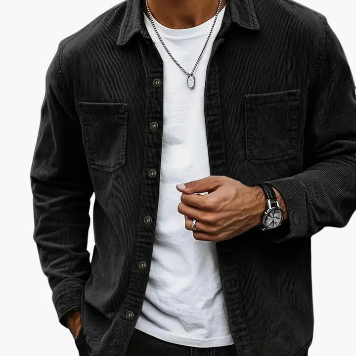 Men's corduroy shirt jacket collar detail showing classic design and button closure