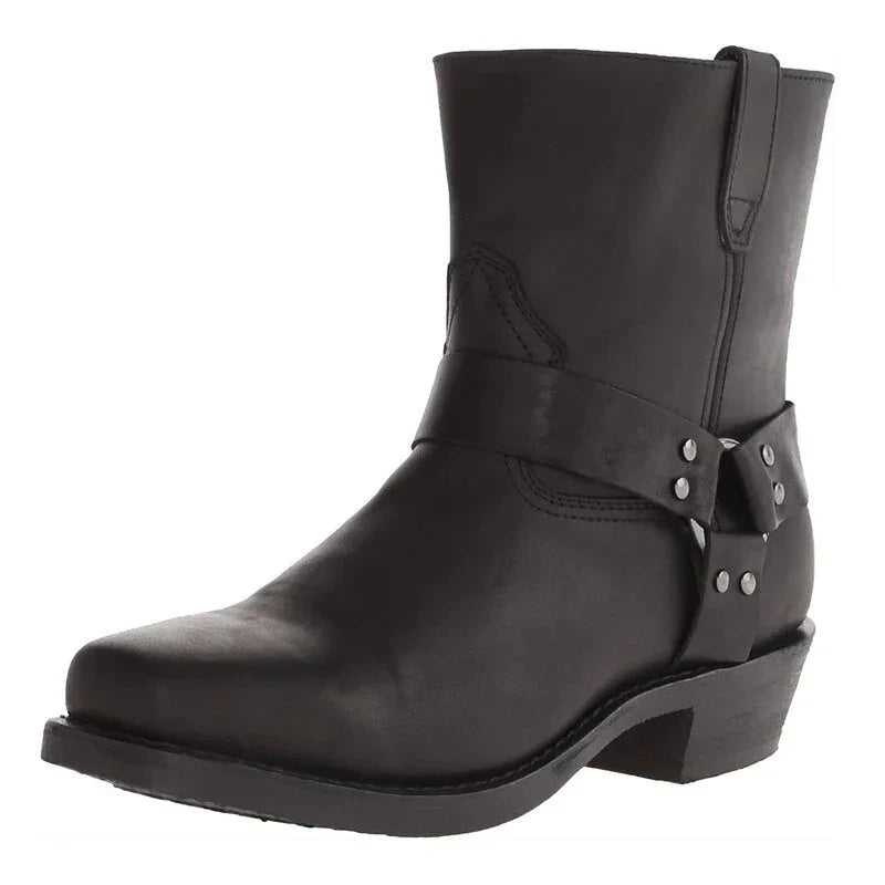 Side view of men's mid-calf harness boots showing block heel and square toe