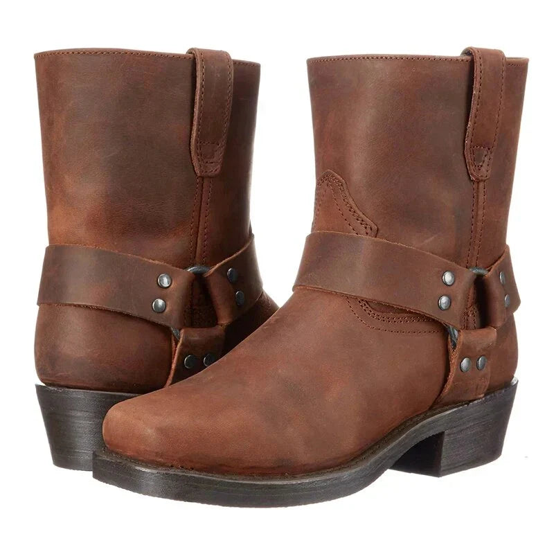 Rear view of men's harness boots with pull tabs and side zip fastening