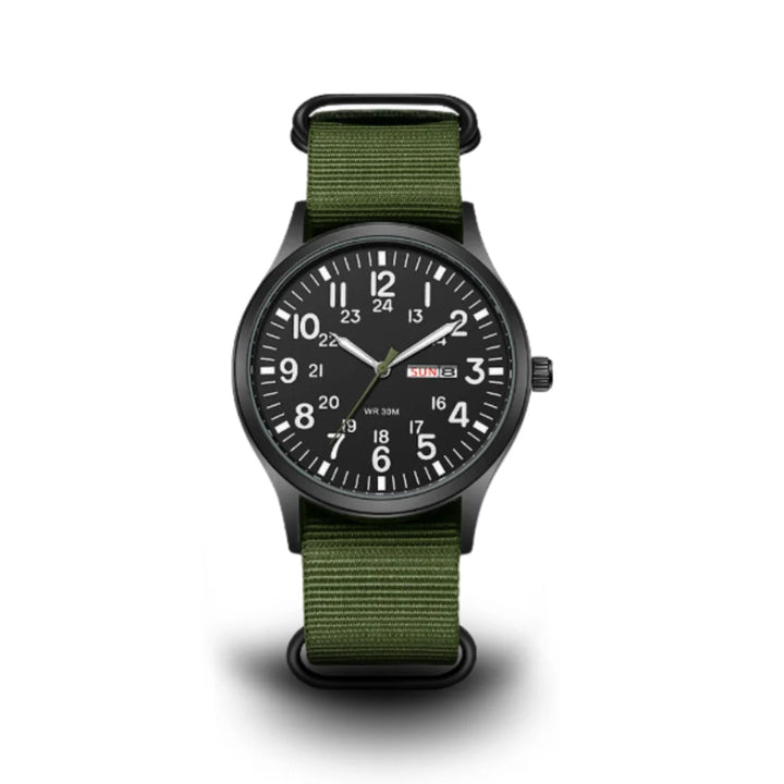 Men's military field watch with black dial, luminous markers, and olive green NATO strap on white background