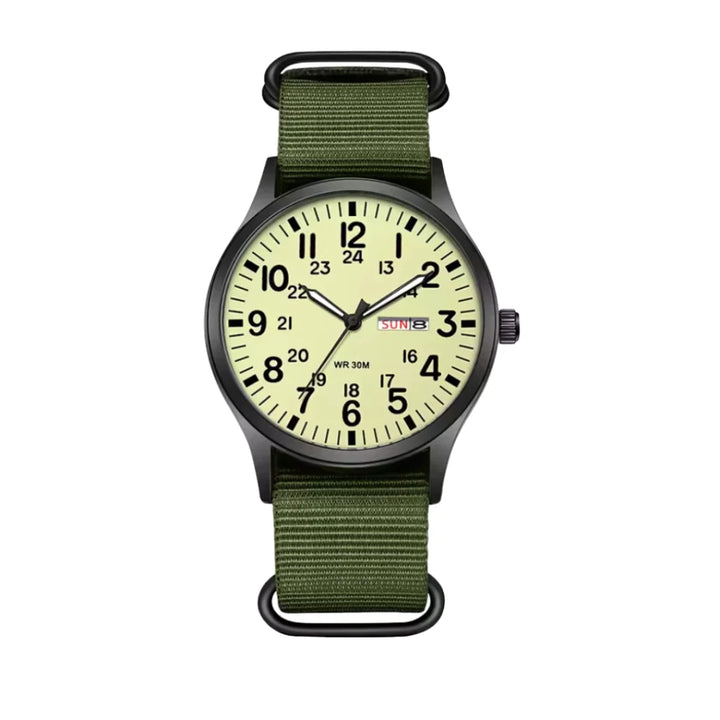 Close-up view of men's field watch showing 24-hour markings and day-date display with matte black case