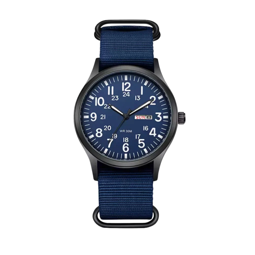 Side angle of men's military watch with woven nylon strap and black hardware detailing