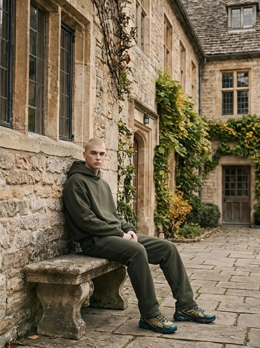 Men's oversized tracksuit hoodie showing roomy fit and smooth fleece-backed construction