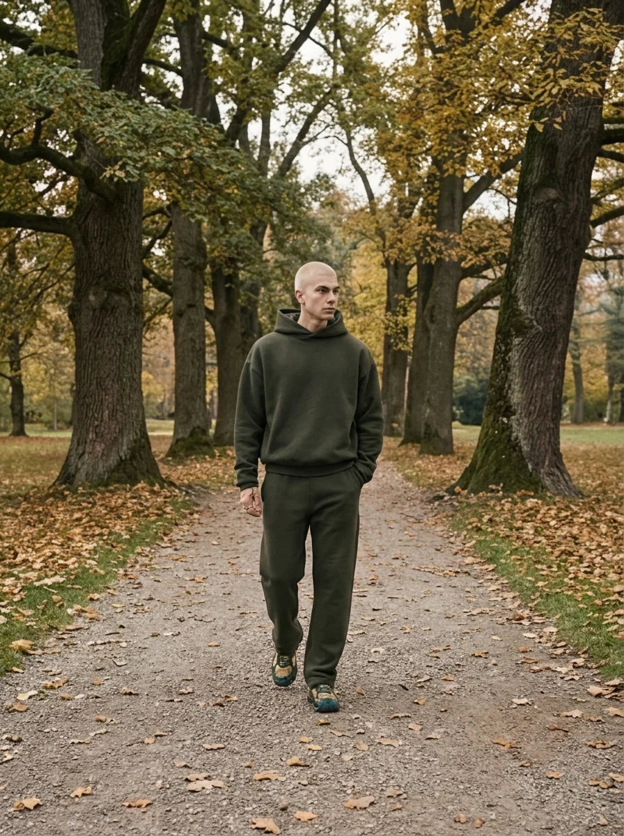 Full-length view of men's tracksuit set in olive green on model