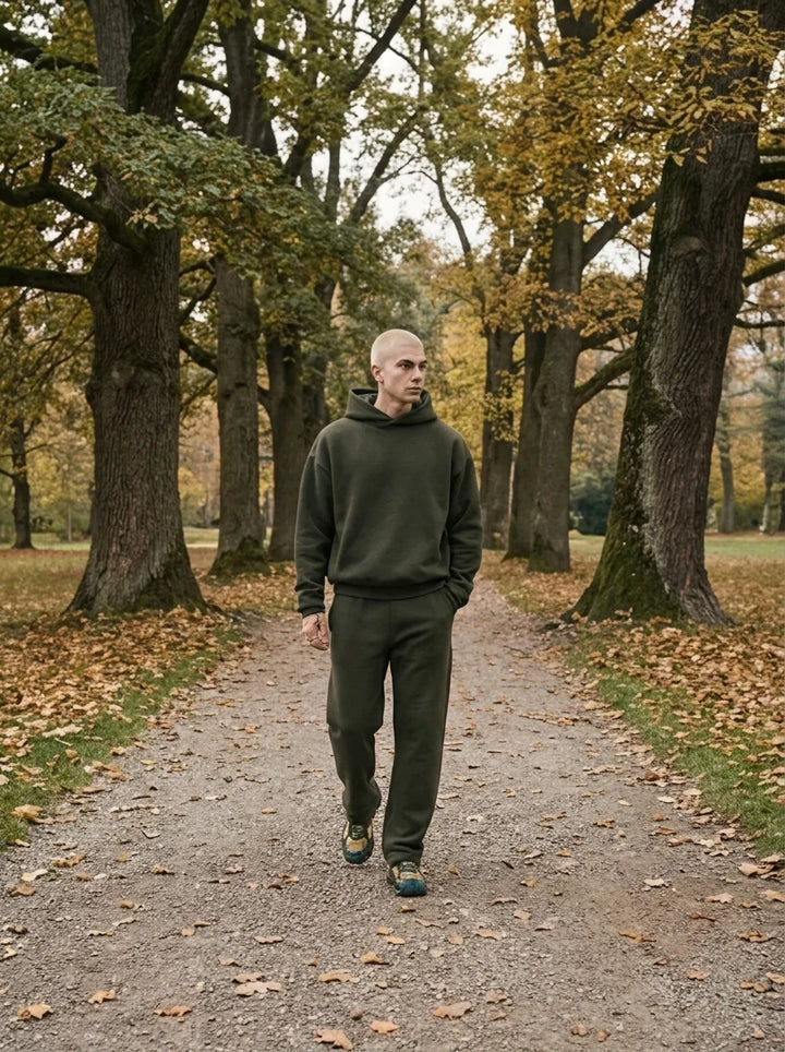 Full-length view of men's tracksuit set in olive green on model