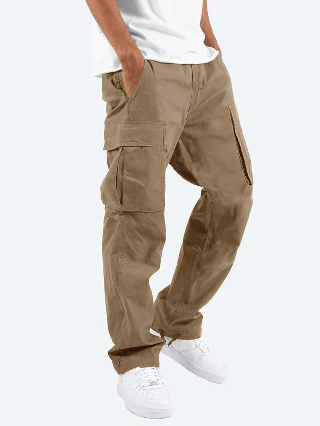 Men's relaxed cargo trousers styled with white trainers for casual weekend wear