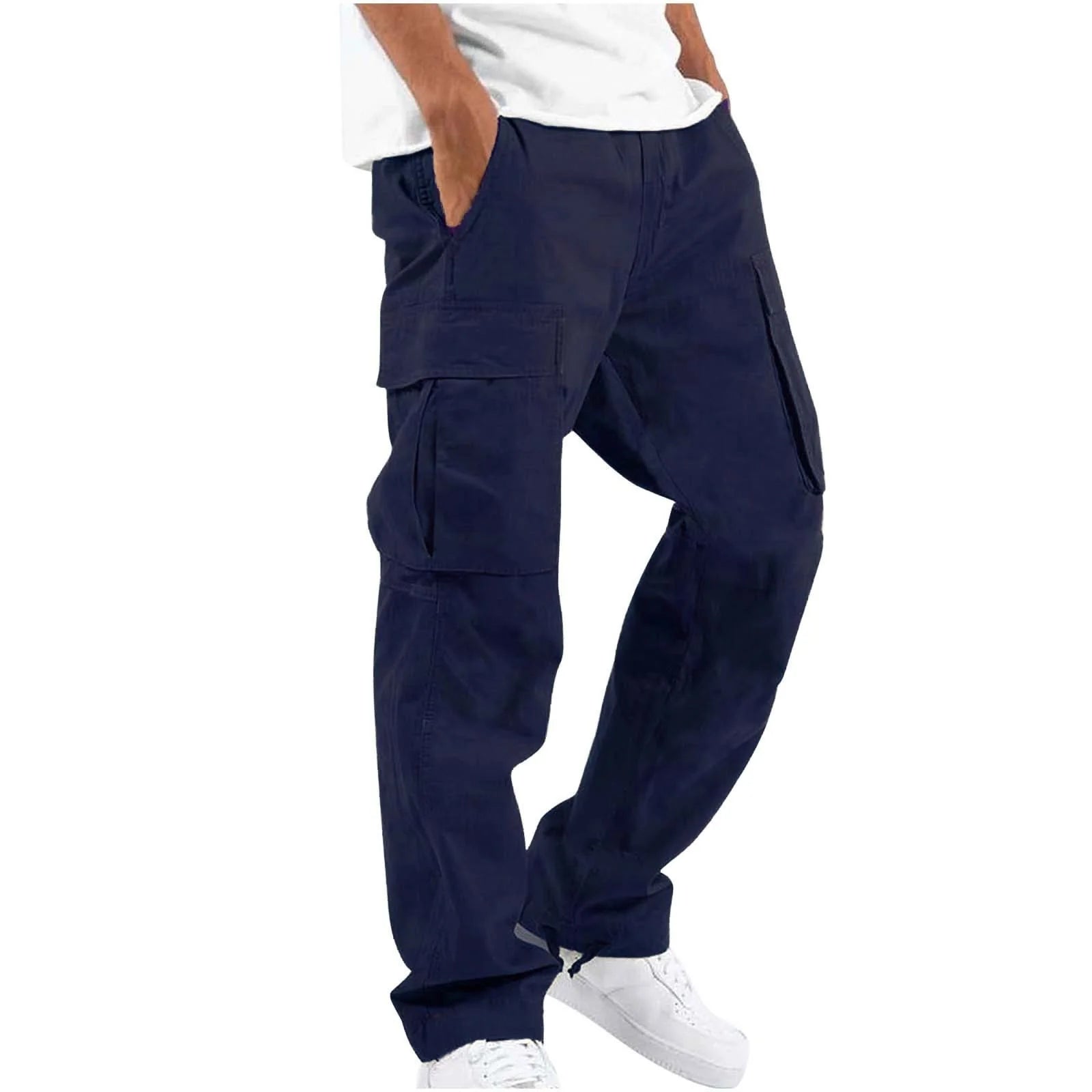 Detail of cargo trouser waistband, zip fly closure, and side pocket construction