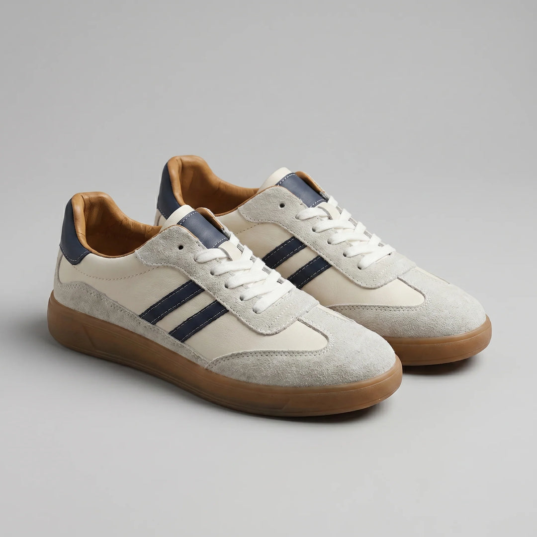 Men's retro trainers with cream suede overlays and navy stripes on gum sole