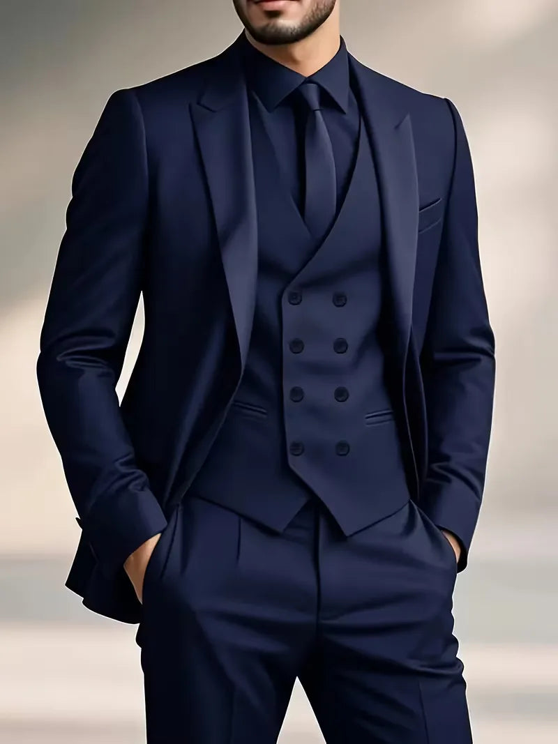 Close-up of blazer lapel and waistcoat showing structured tailoring details