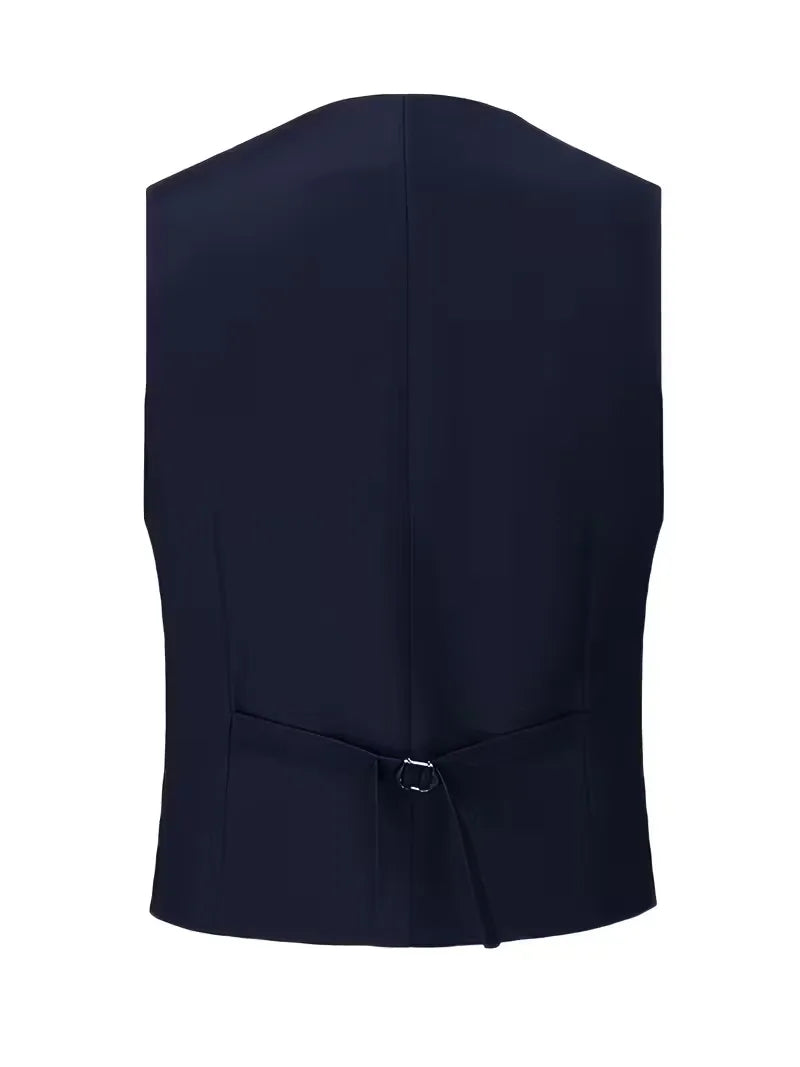Close-up of double-breasted waistcoat buttons and V-neck opening under blazer