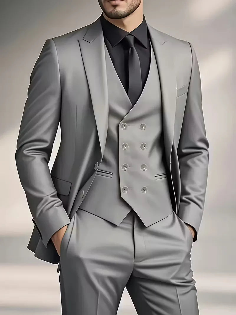Full-length view of formal three-piece suit in black with complete tailored fit
