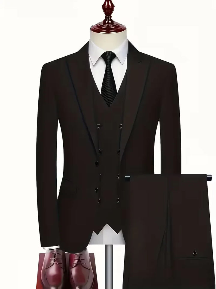 Close-up view of double-breasted waistcoat with six visible buttons on three-piece suit
