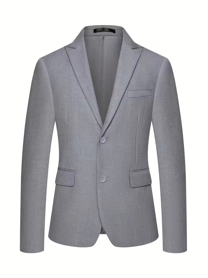 Close-up of blazer front showing single-button closure and structured lapels
