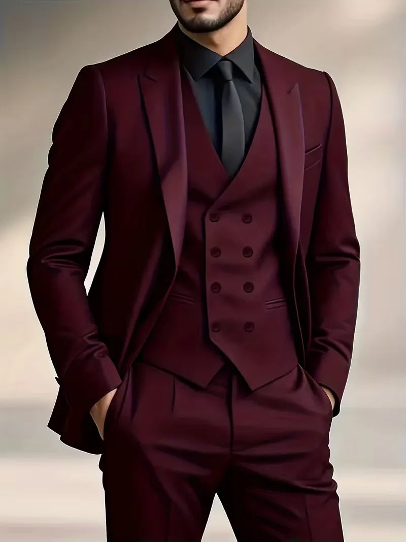Full view of three-piece suit set with blazer, waistcoat, and matching trousers