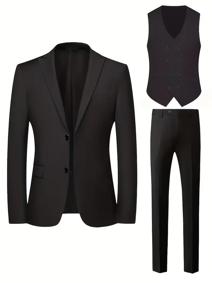 Side view of slim-fit black blazer with notch lapels and structured shoulders