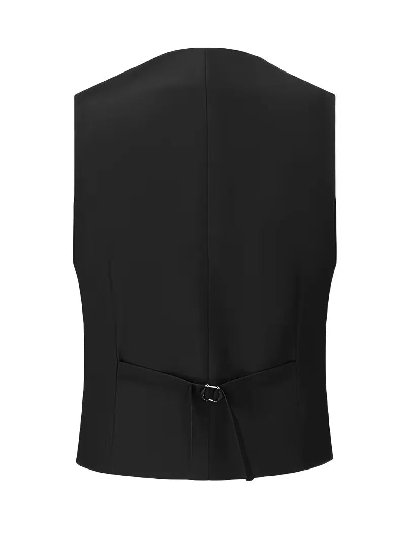 Man in formal three-piece suit with hands in trouser pockets showing slim silhouette