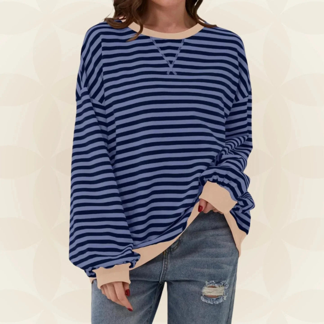Light blue striped oversized sweatshirt with contrast ribbed details and crew neckline